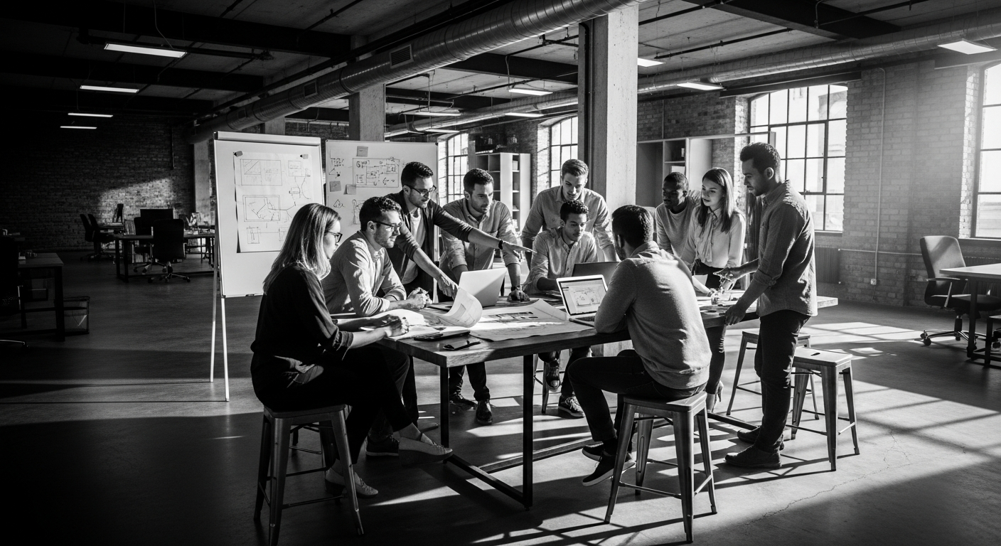 A leadership team working together in a modern office